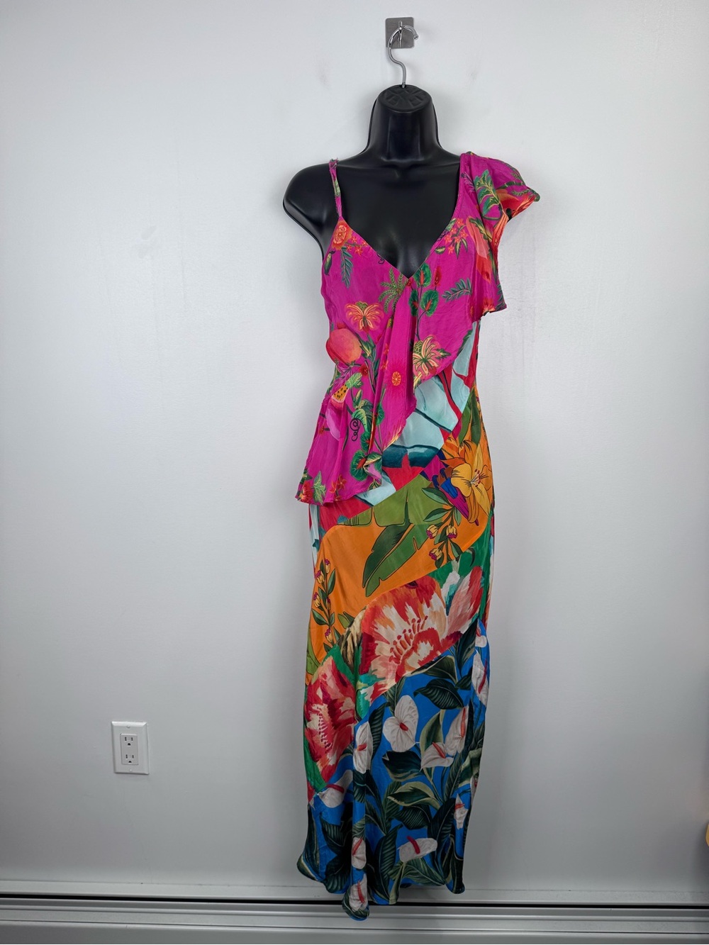 Farm Rio Women Mixed Flowery Ruffle One-Shoulder Midi Dress Size XS